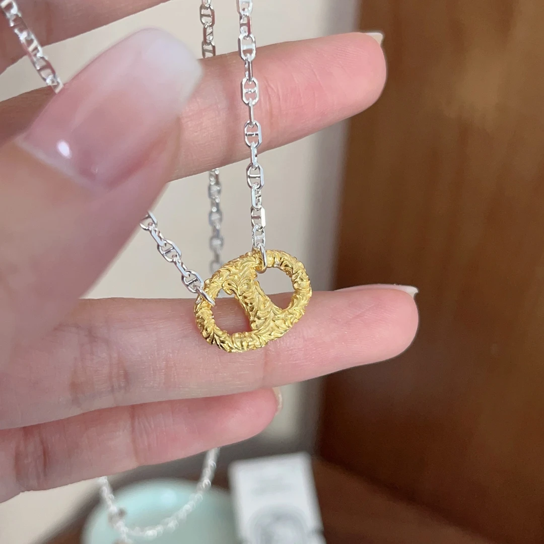 坠链均925银 S925银唐草纹金色猪鼻子项链女典雅精致高级气质感