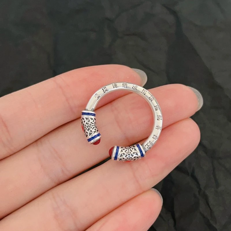 925银戒指 哑光工艺蓝色心经文南小红开口戒指复古民族风秋冬新款