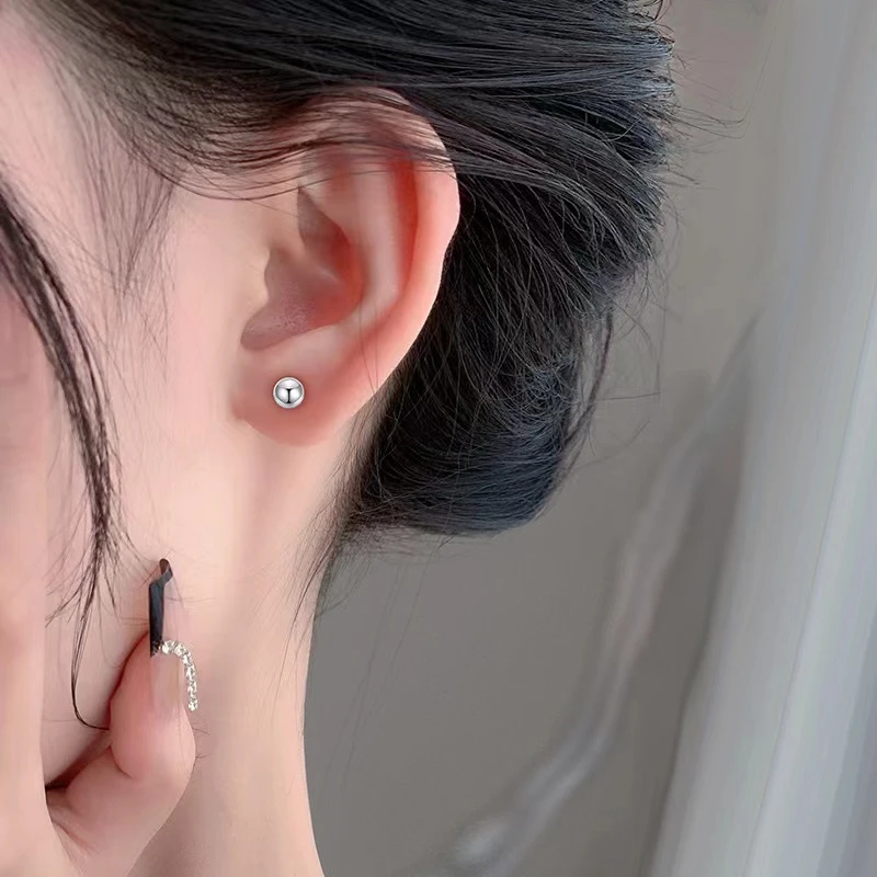 足银耳饰 S999通体纯银耳钉女圆珠简约男小巧养耳针基础款