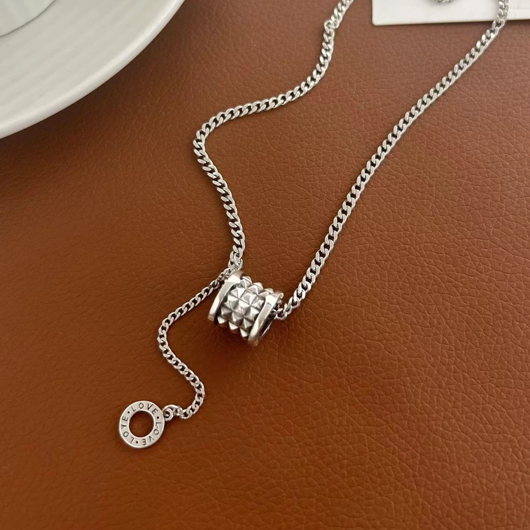 坠链均925银 纯银重工螺纹路路通纯银项链女款情侣锁骨链复古个性