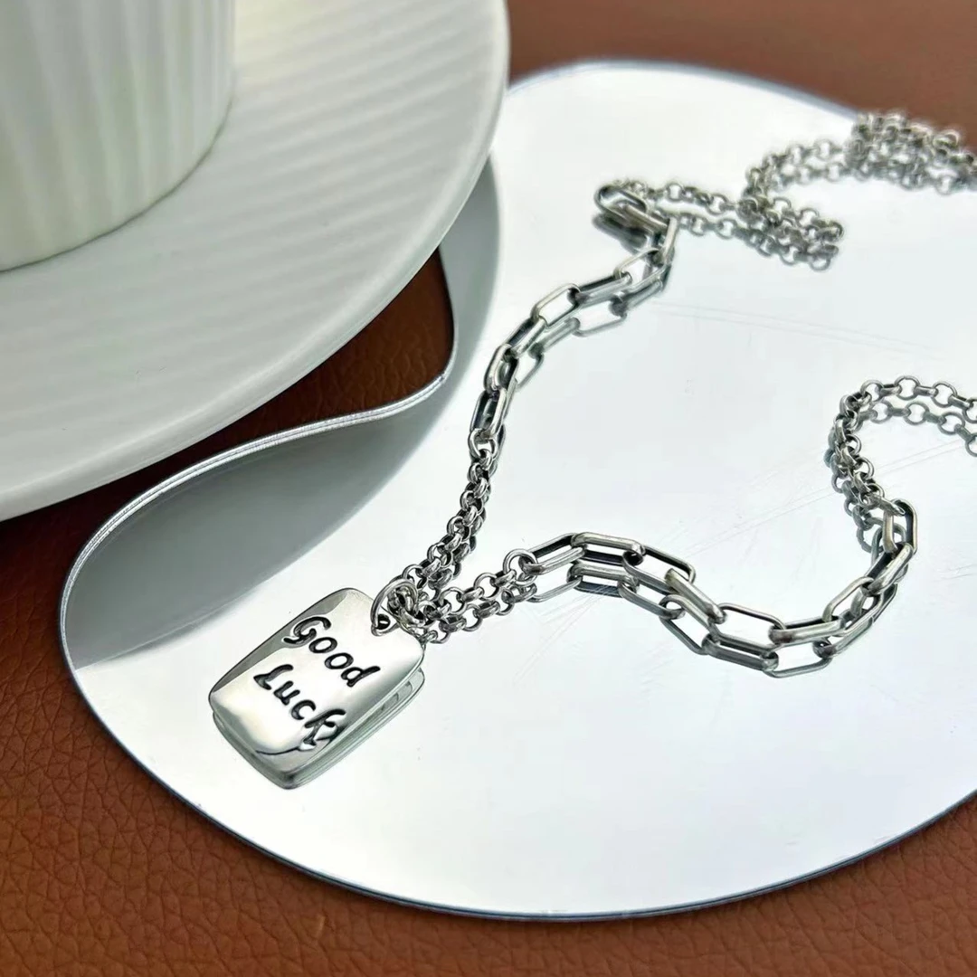 坠链均925银 s925纯银Goodluck方牌字母拼接项链女小众设计锁骨链