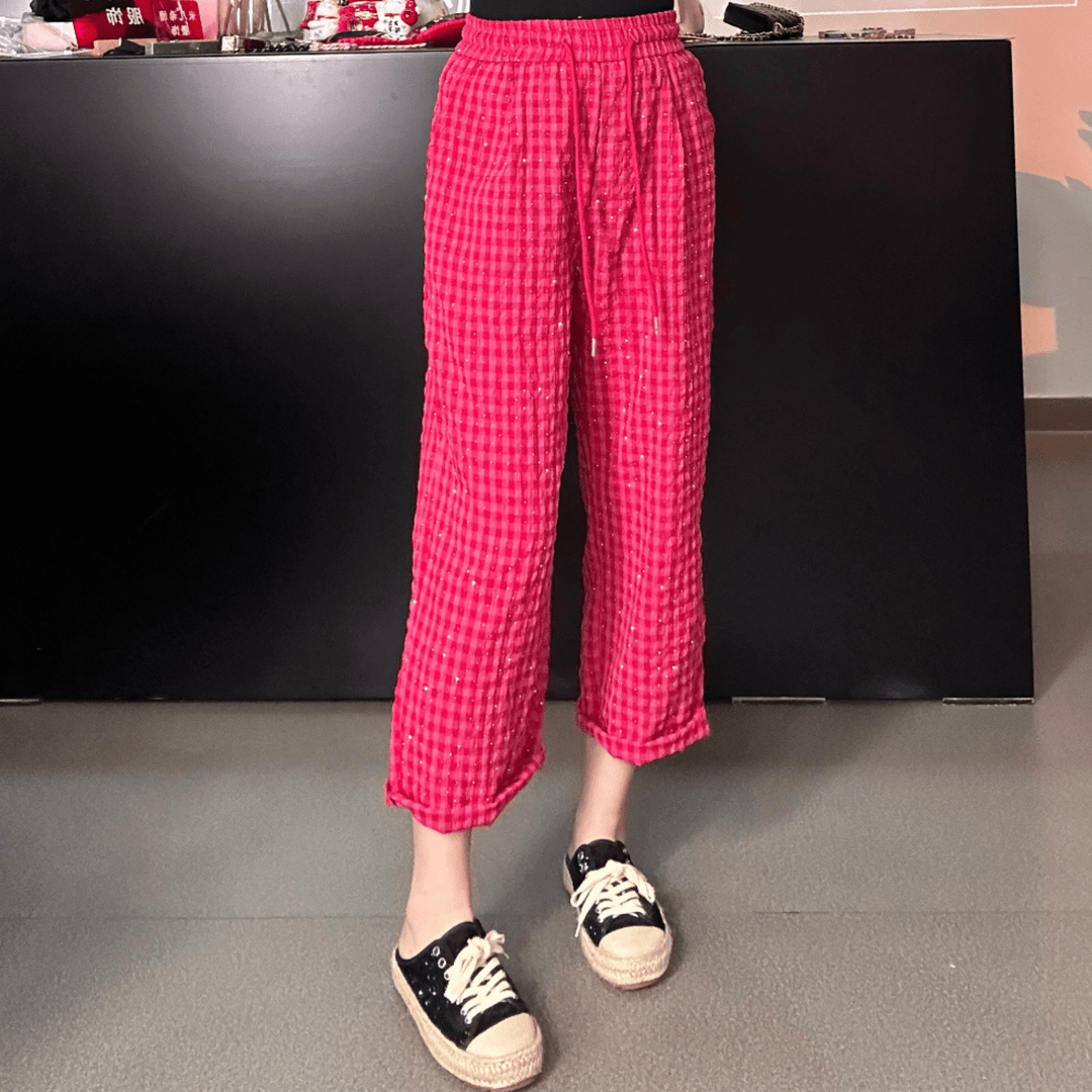 夏季新款时尚烫钻红色直筒格子裤高腰休闲裤女宽松显瘦百搭九分裤