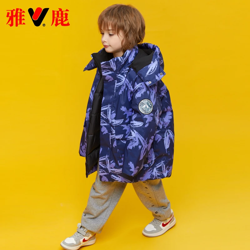 雅鹿反季2023新款儿童中长款羽绒服男童女童宝宝大童冬季加厚外套