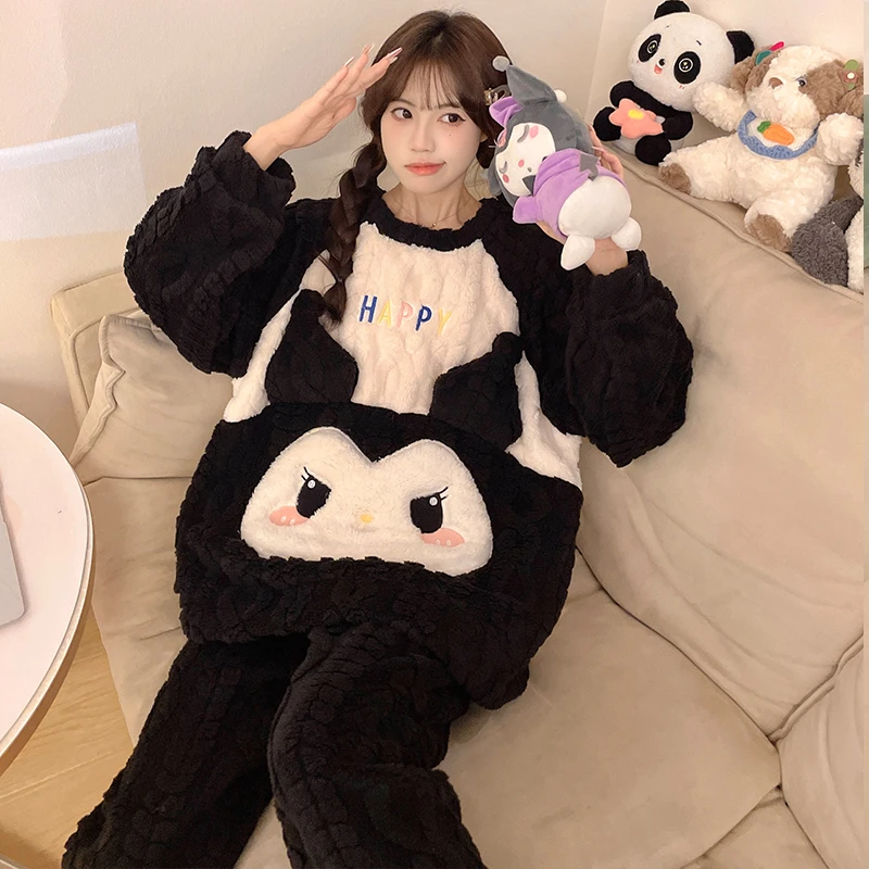 珊瑚绒睡衣女秋冬季加厚加绒加大码200斤保暖卡通冬款家居服套装