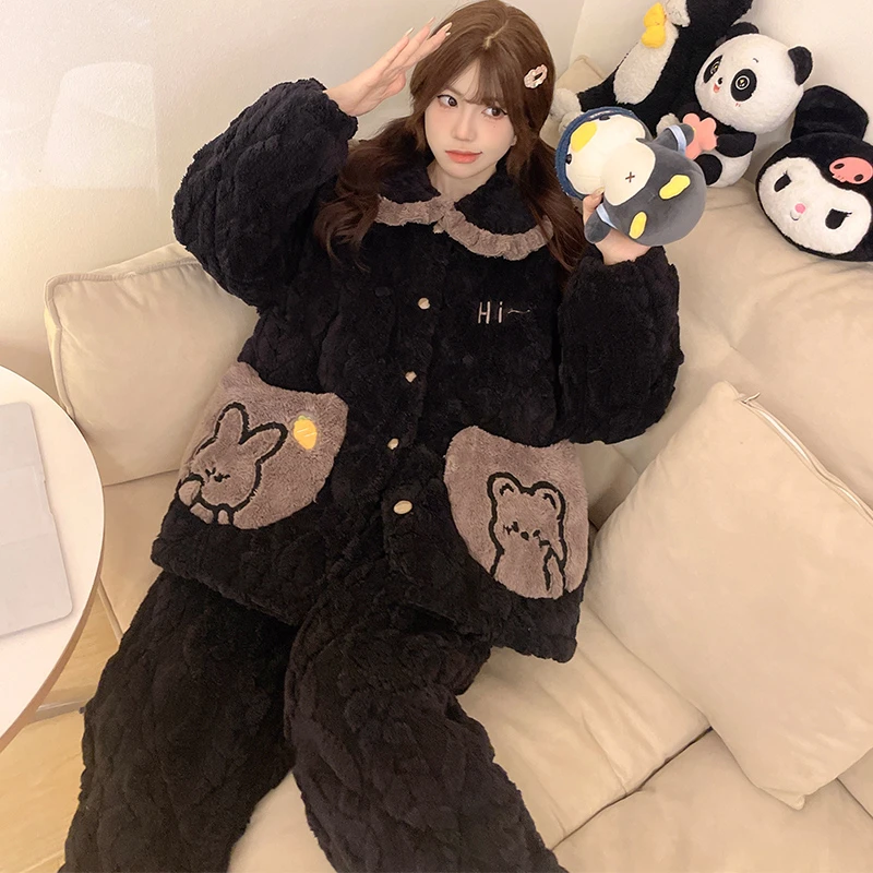 三层夹棉珊瑚绒睡衣女加绒加厚款秋冬季大码200斤胖mm家居服套装