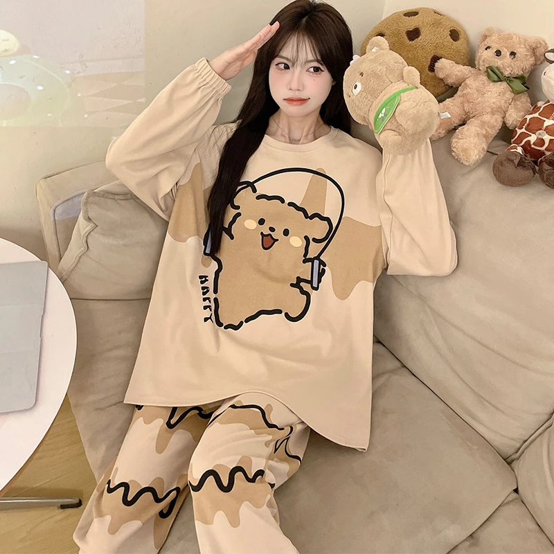 纯棉睡衣女秋季长袖长裤薄款大码200斤女款春夏季家居服全棉套装