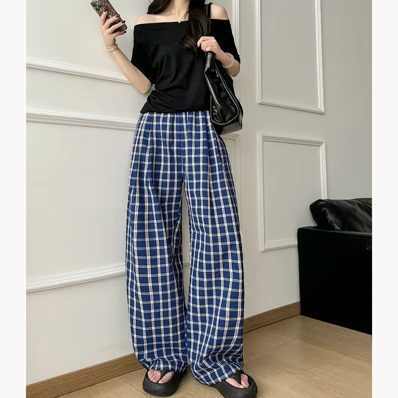 2024韩版加绒美式复古格子裤女夏季薄款高腰遛弯拖地休闲裤阔腿裤