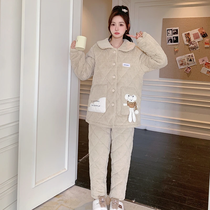 冬季新款女款蛋糕绒三层夹棉加厚保暖睡衣家居服套装-MBN8907#