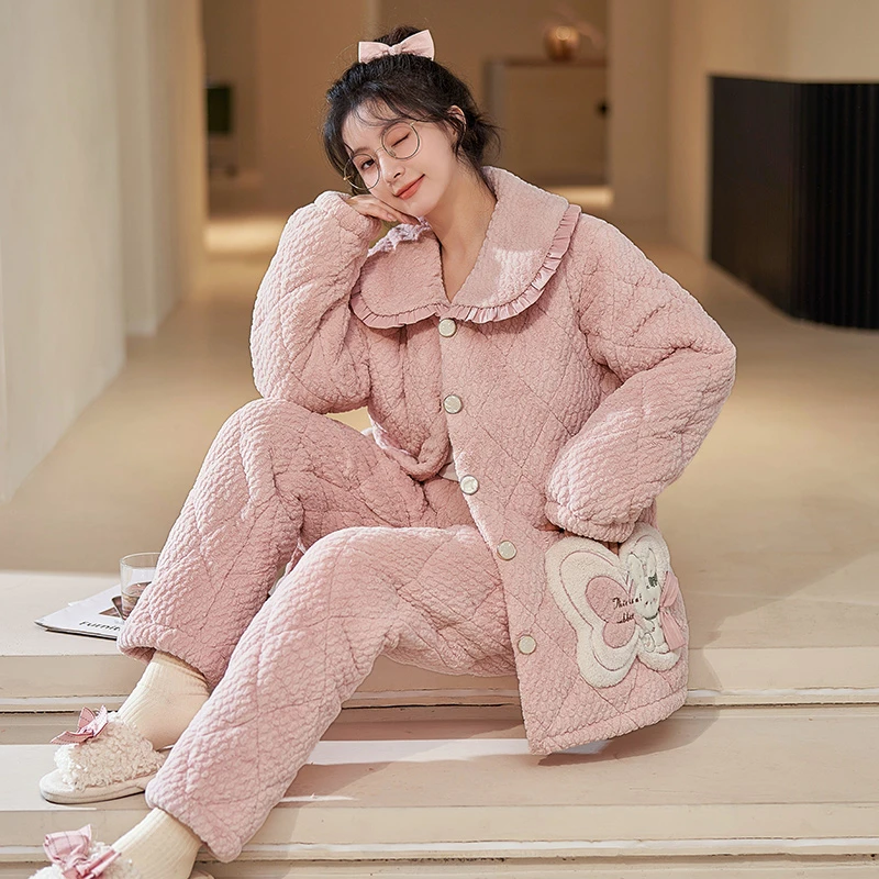冬季新款女款蛋糕绒三层夹棉加厚保暖睡衣家居服套装-MBN8879#