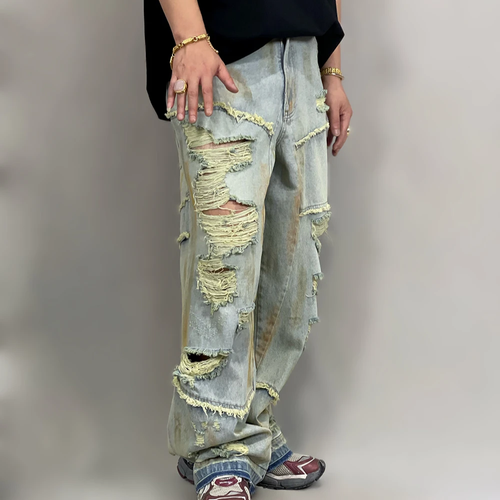 亦轴24SS重磅洗水做旧破洞牛仔裤 男女结构解析拼接做脏潮牌直筒