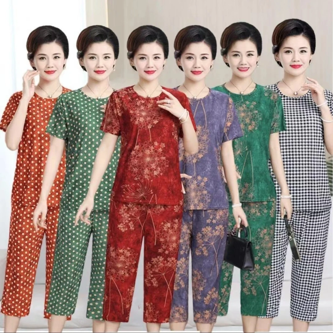 新款春夏中老年大码薄款妈妈套装气质冰丝宽松休闲显瘦两件套