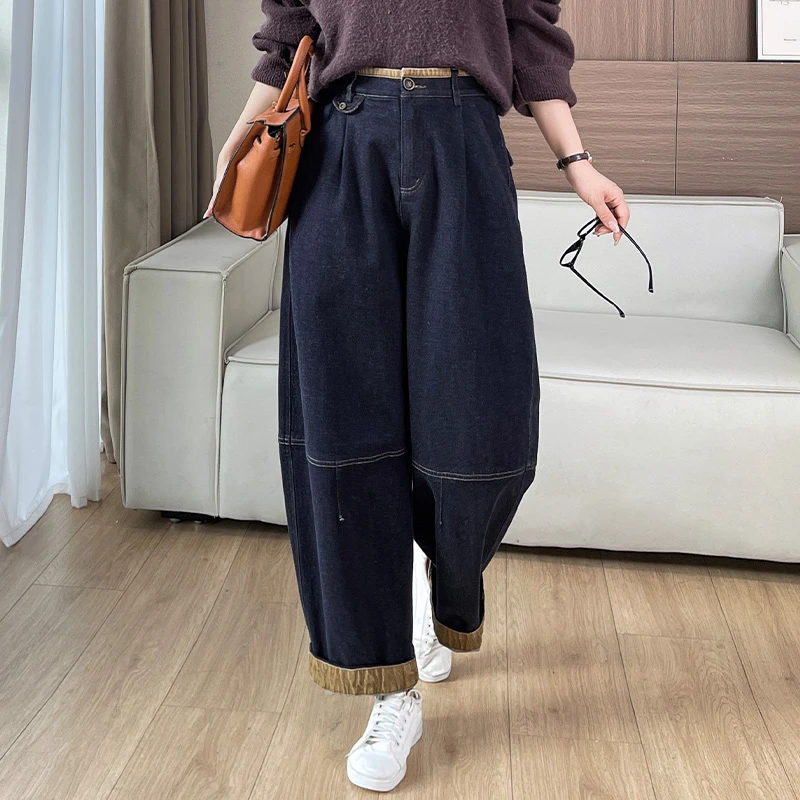 新款春秋2025百搭拼色老爹裤高腰质感阔腿牛仔布棉女哈伦裤休闲裤