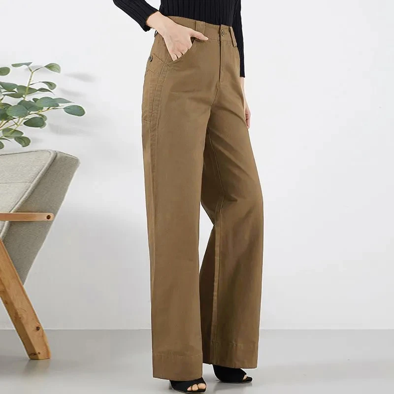 春秋新款妈妈女裤高腰阔腿裤长裤宽松休闲裤卡其色显瘦大码直筒裤