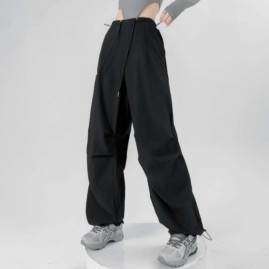 早秋款美式黑色降落伞工装裤女2023休闲阔腿直筒小个子长女裤086