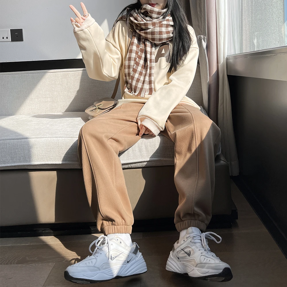 唐造2025春秋直筒长裤女款华棉宽松哈伦裤咖色抽绳阔腿卫裤子 283