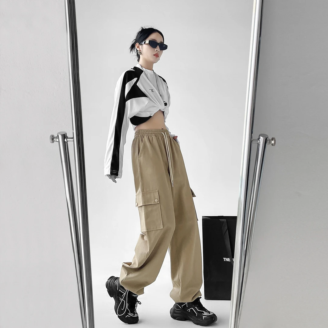时尚街拍潮酷春秋冬束腰工装直筒裤抽绳阔腿口袋束腿休闲裤女1190