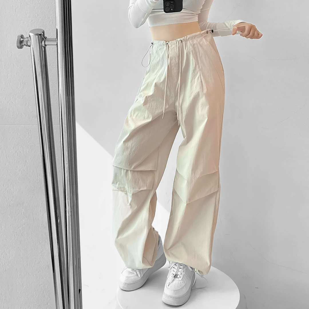 2023春秋季新款前袋压线降落伞裤潮帅气休闲高腰显瘦阔腿女裤092