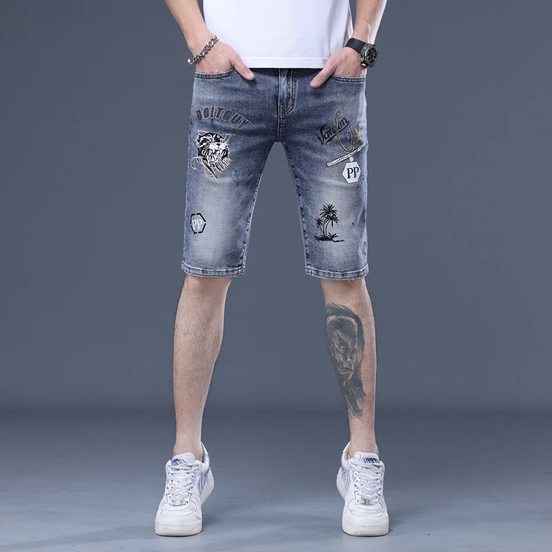 欧货牛仔短裤男弹力个性印花夏季水洗牛仔休闲五分裤新中式男装