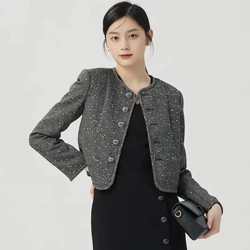 2024秋季新款气质简约圆领短款小香风外套女1400718