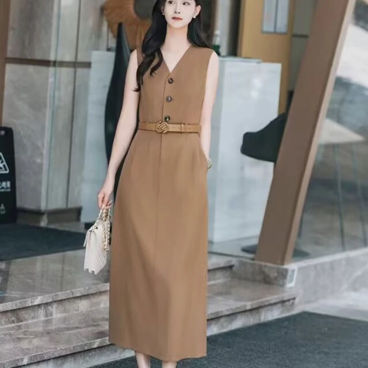 哥弟阿玛施正2024服饰秋上新款时尚优雅轻奢V领老钱风无袖连衣裙