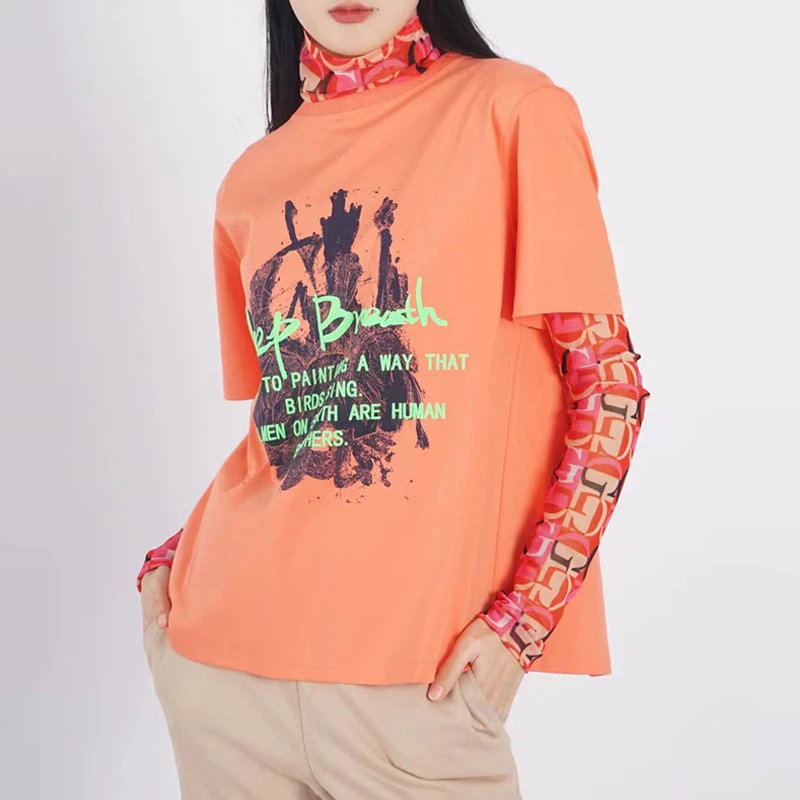 2024夏季新款深呼吸百搭宽松圆领印花后开叉上衣T恤女短袖1300874