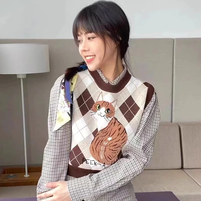 哥家真的好2024秋新短背心小狗卡通撞色马甲针织百搭中长款打底衫