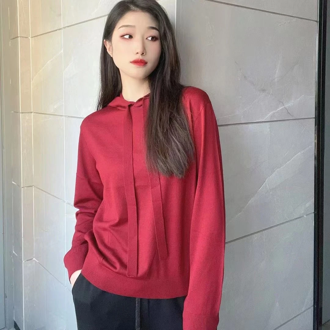 品质新款2024秋冬秋季纯色抽绳连帽针织衫卫衣女1399450百搭