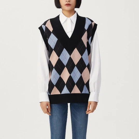 2022秋冬新款菱形格子加厚V领无袖格纹针织马甲背心5399664