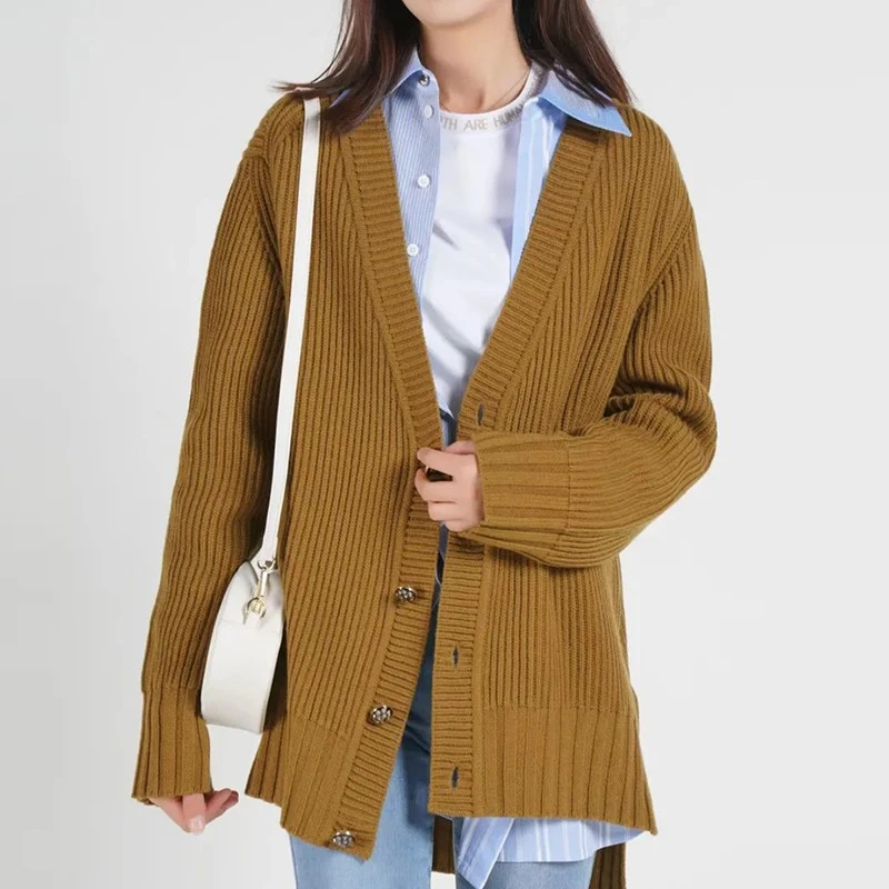 新款2022秋冬装百搭慵懒宽松V领羊毛针织开衫外套1499188