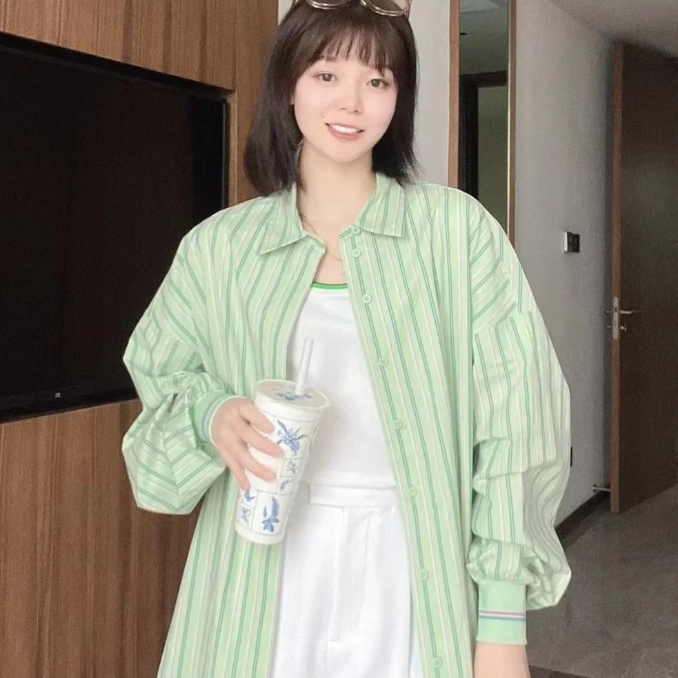 2024春新款女装长袖竖条纹中长款休闲外套宽松衬衫5300811