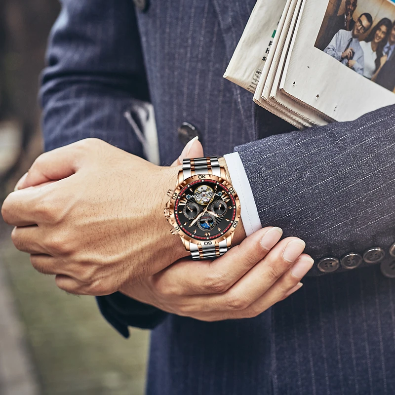 [琳达2]（玫瑰金黑面红）88-62全自动机械表男表手表透底镂空