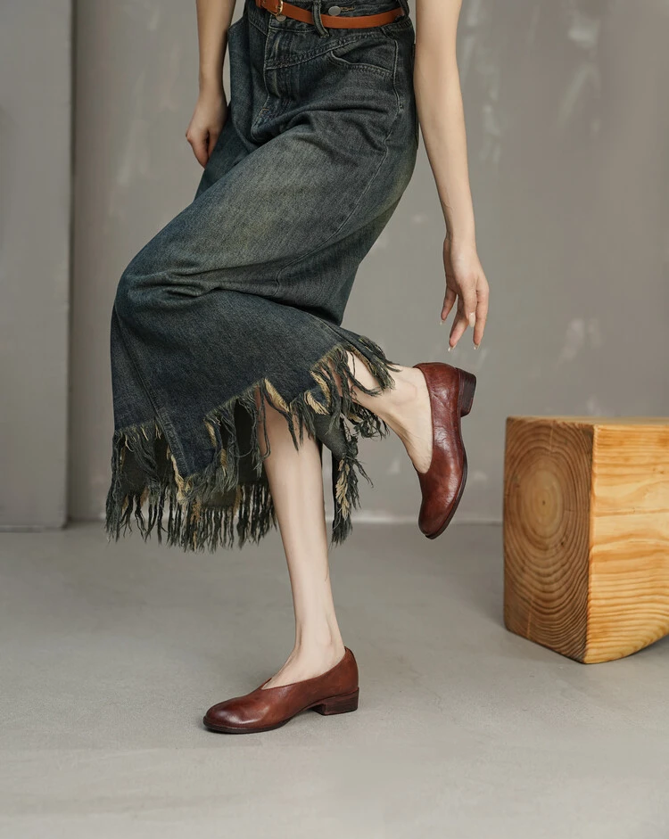 【聚美女鞋】真皮浅口单鞋古风粗跟纯色文艺玛丽珍百搭复古圆头单鞋