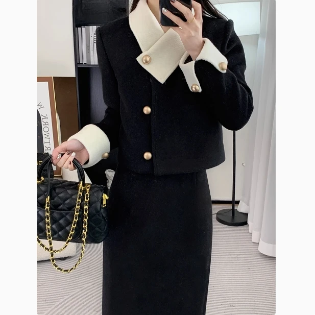 768小香风加绒加厚套装女复古高端纯色黑色短款外套裙子两件套女