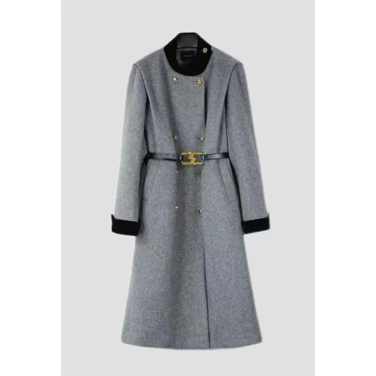 788【送腰带】秋冬新款加绒加厚大衣外套女灰色拼接中长款气质外套