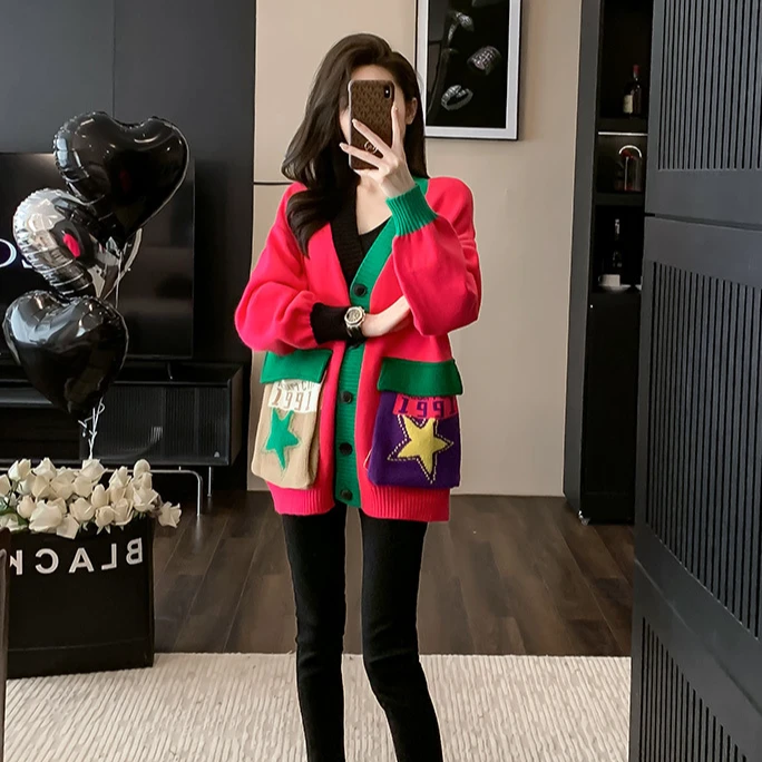 设计感撞色毛衣外套女秋冬加厚宽松休闲针织开衫v领上衣慵懒风