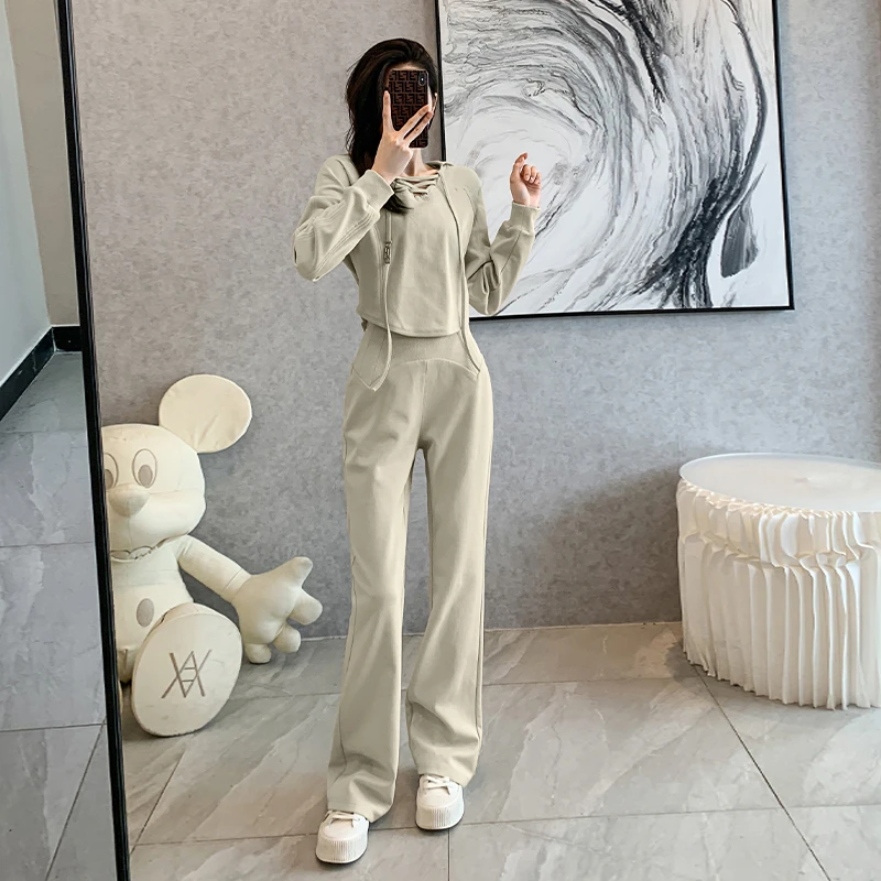 网红炸街运动休闲套装女修身显瘦减龄设计感卫衣连帽小个子两件套