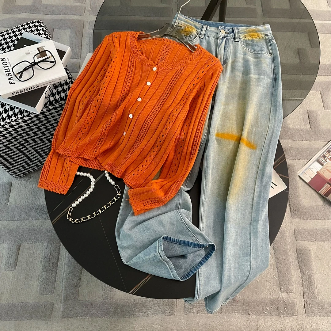 秋季新款针织外套上衣套装女洋气时尚涂鸦做旧牛仔直筒长裤两件套