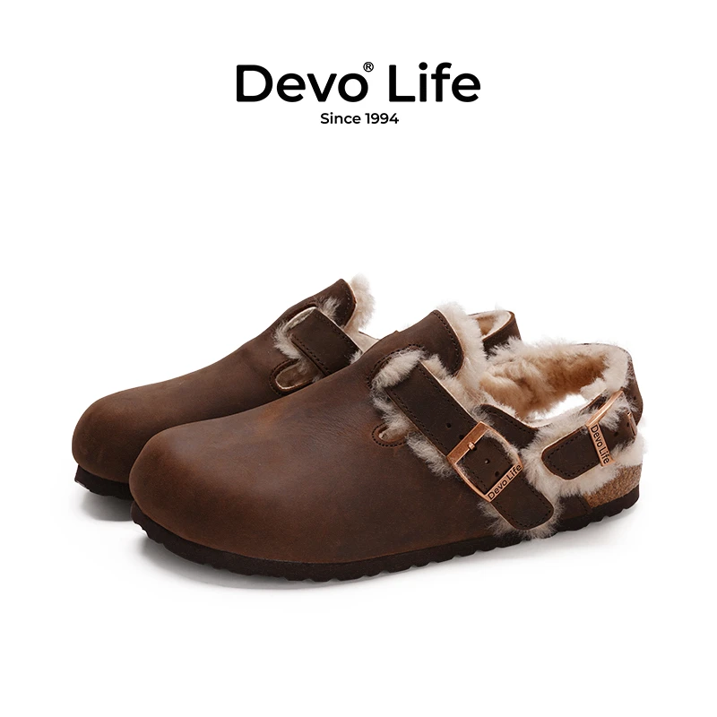 Devo/的沃勃肯鞋加绒软木鞋包头加绒外穿冬装潮流百搭拖鞋23007