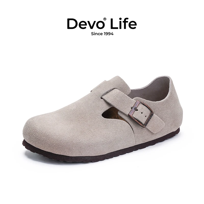 Devo/的沃勃肯鞋女款软木鞋反绒平底圆头复古情侣时尚单鞋66008
