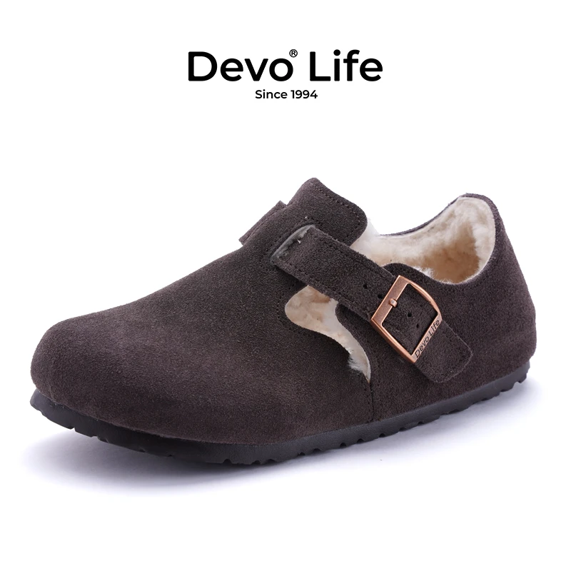 Devo/的沃勃肯鞋女款软木鞋冬装上新全包保暖时尚加绒毛毛鞋96008