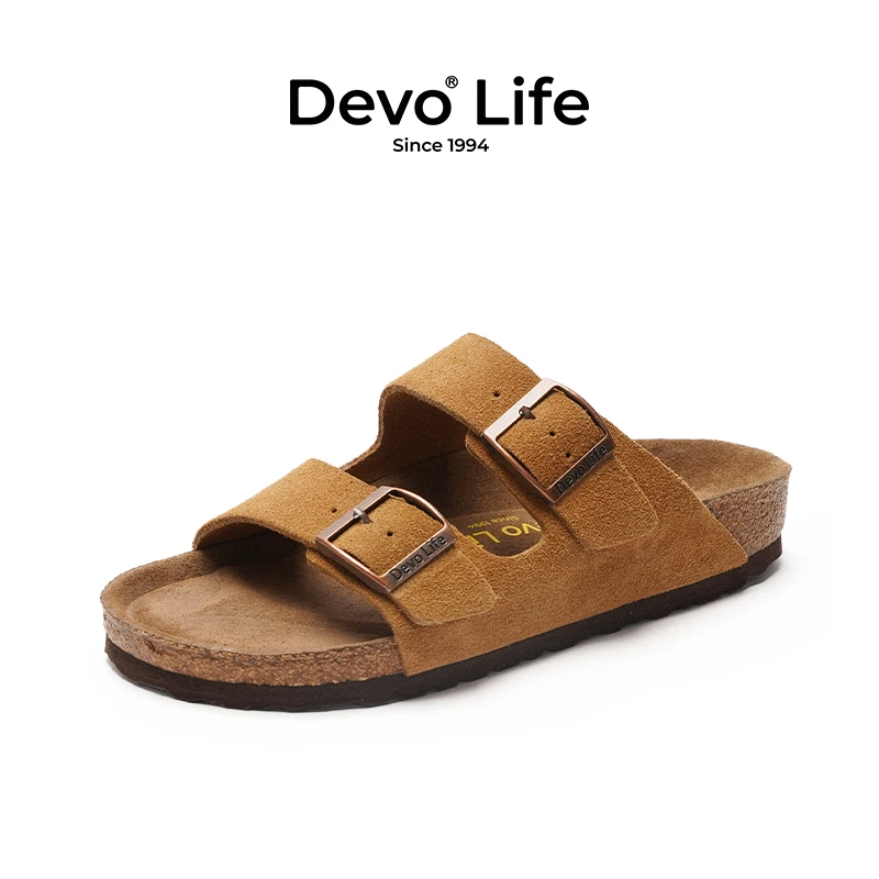 Devo/的沃勃肯鞋女款软木鞋舒适情侣绒面透气搭扣一字拖鞋2618
