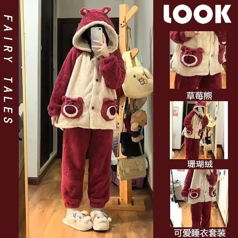 1睡衣女长袖长裤秋冬可爱卡通软绵绵保暖可外穿女家居服套装