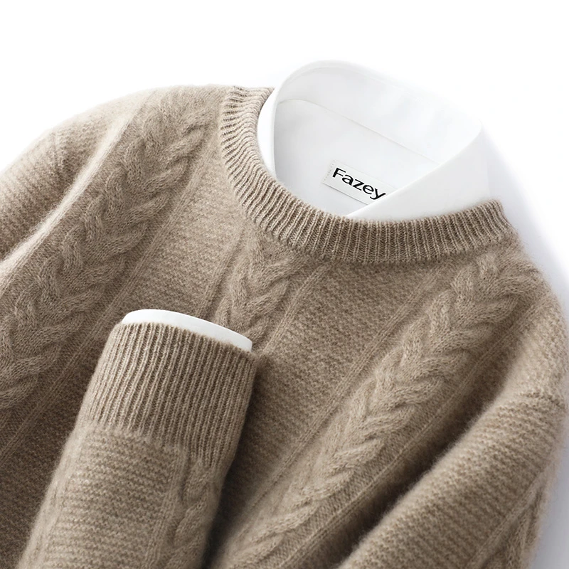 圆领加厚扭花工艺男羊毛衫秋冬新款加厚保暖休闲时尚宽松长袖毛衣