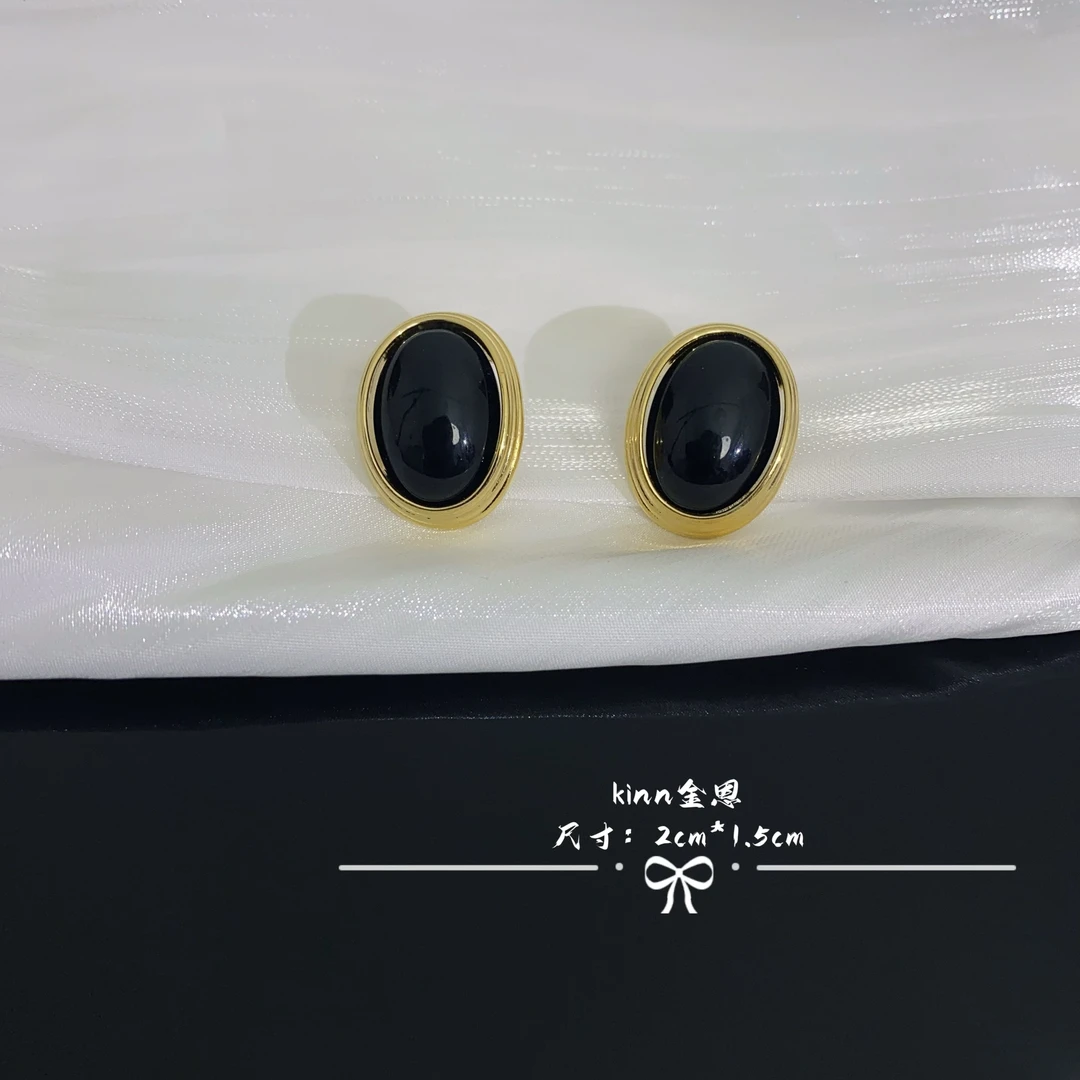 铜合金仿珍珠耳饰 【金恩】气质轻奢时尚百搭黑色复古法式优雅 耳钉