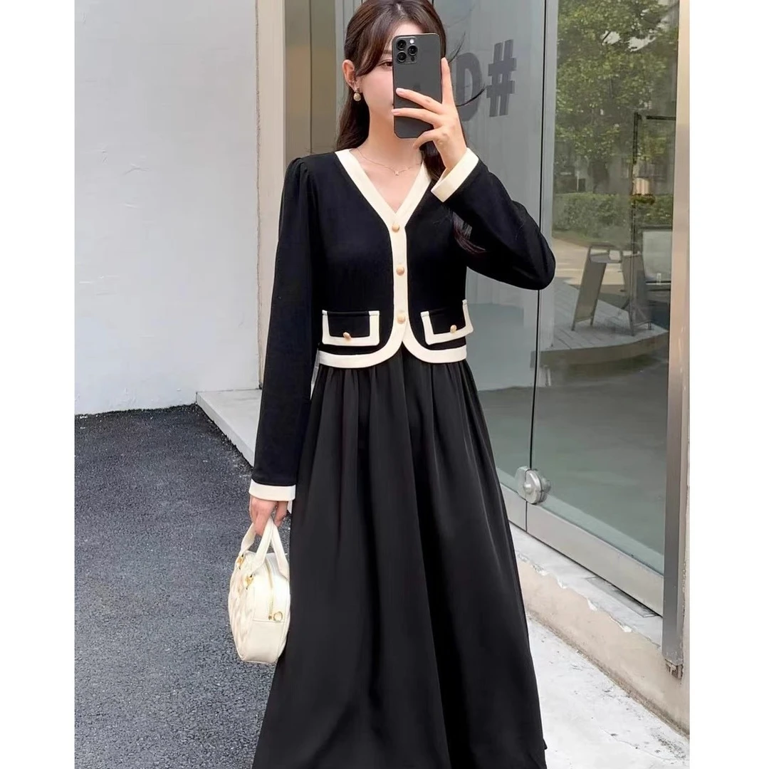 法式赫本风假两件连衣裙小香风显瘦