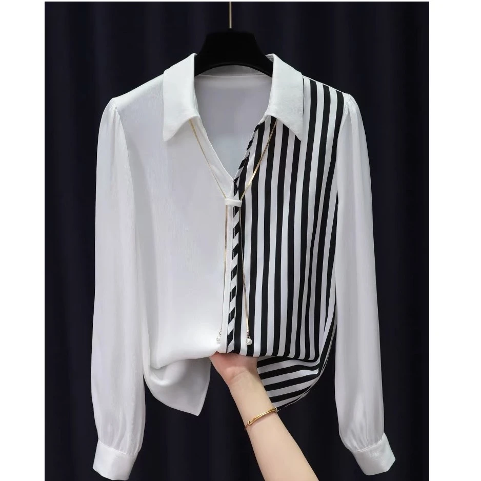 2023秋季新款拼接衬衫高端设计感条纹百搭