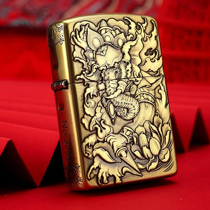 ZIPPO/之宝打火机象神浮雕盔甲男士双面个性金色防风立体工DYJ1