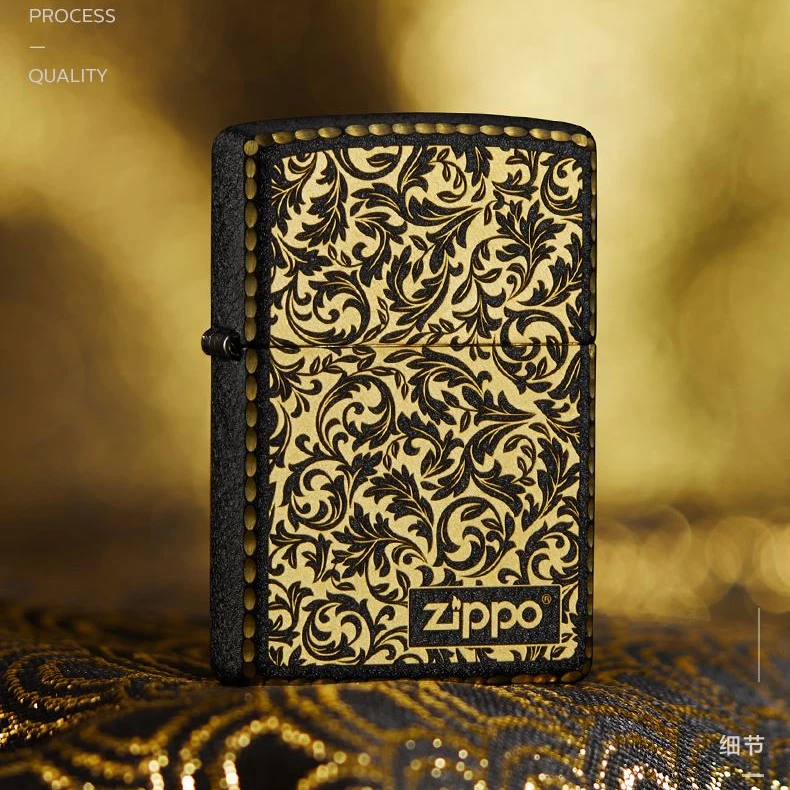ZIPPO吉祥蔓草黑裂漆咬边正品打火机男士双面个性防风DY9907ZB