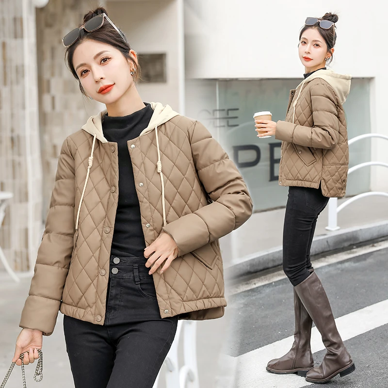 菱格秋冬女短款2024秋冬新款棉服连帽轻薄棉衣洋气时尚棉袄外套
