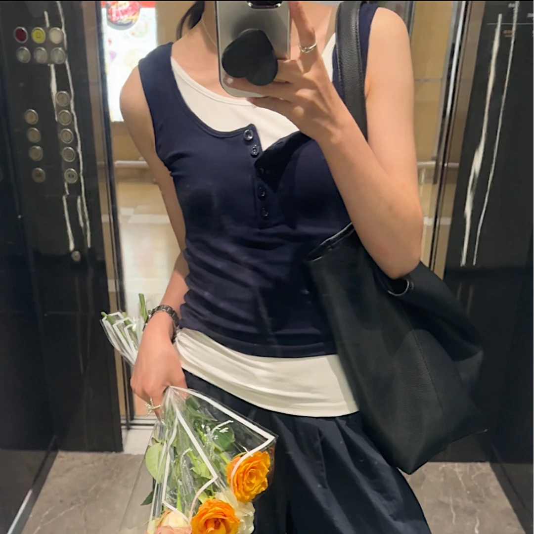 okk！假两件螺纹背心女